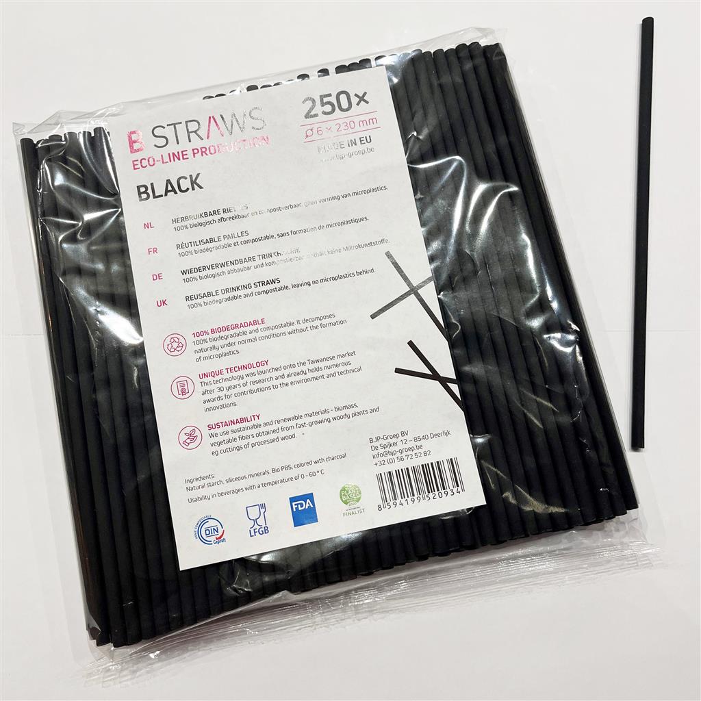 B Straws lang zwart 23cm (6mm) 250st