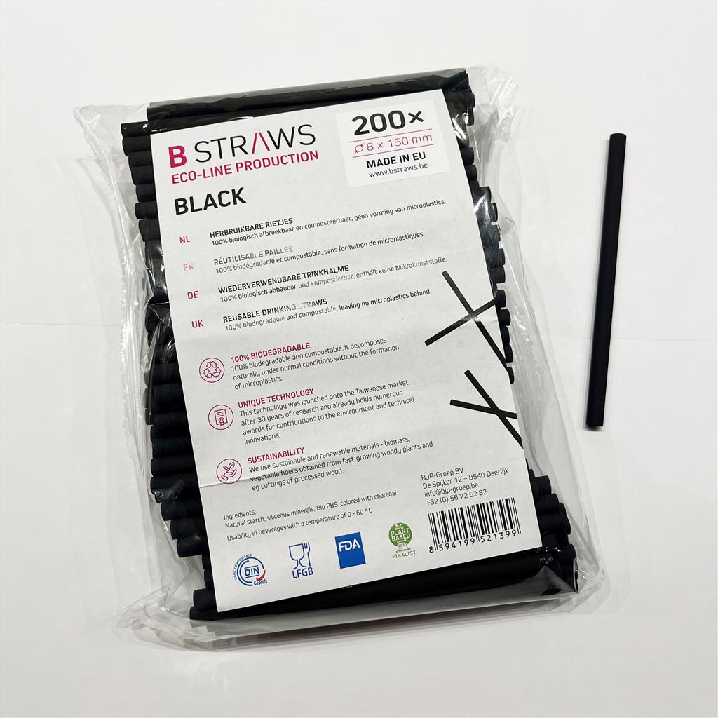 B Straws kort zwart 15cm (8mm) 200st